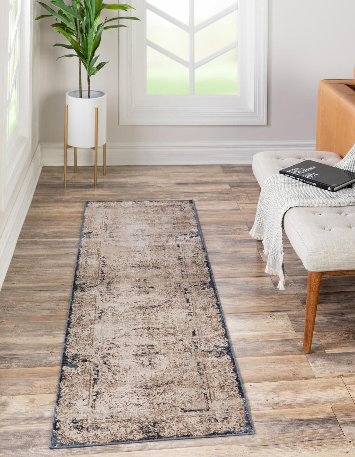 Cream 3' 1 x 13' 1 Chateau Runner Area Rug 85% Polypropylene & 15% Chenille With Cotton Backing Traditional Vintage Distressed Carpet for Classical Interior Design Decorating for Sale at Rug Engine