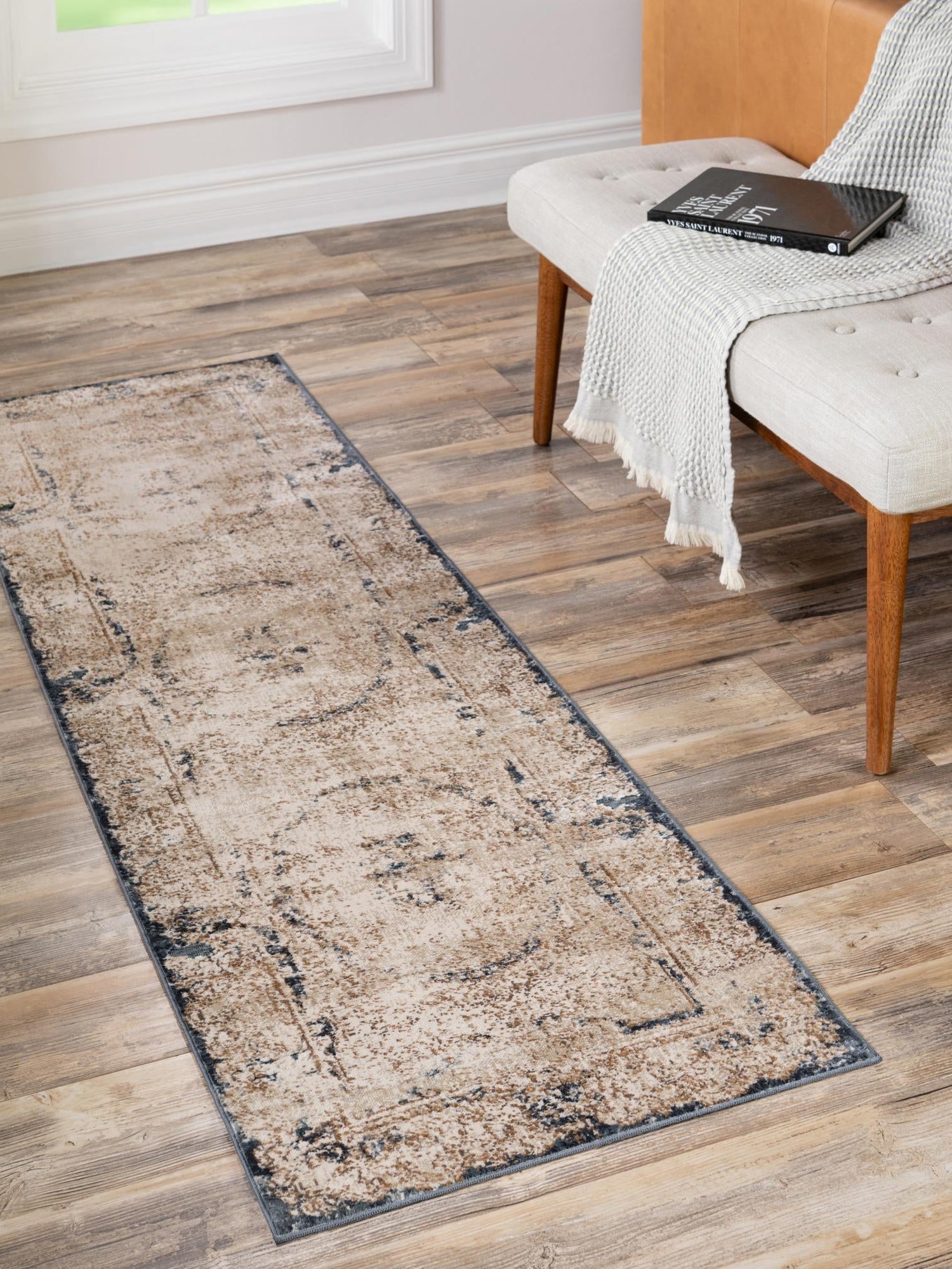 Cream 2' x 6' 9 Chateau Runner Area Rug 85% Polypropylene & 15% Chenille With Cotton Backing Traditional Vintage Distressed Carpet for Classical Interior Design Decorating for Sale at Rug Engine