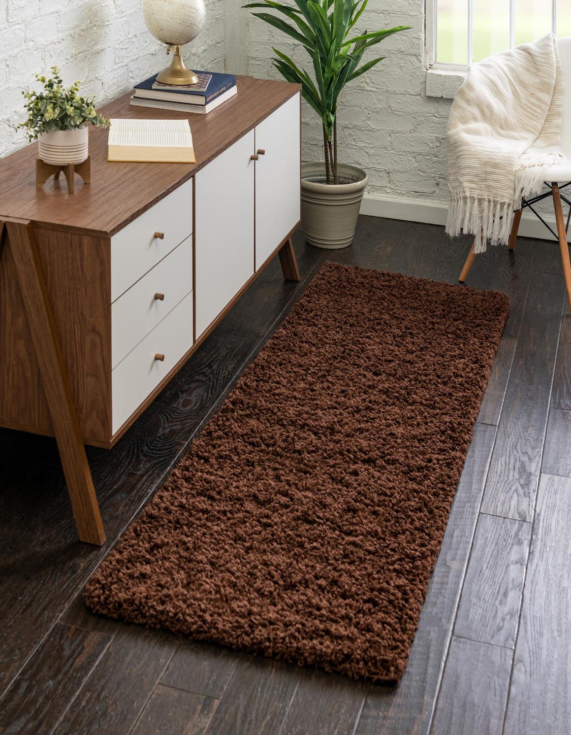 Chocolate Brown 2' 7 x 13' 1 Solid Shag Runner Area Rug Thick Soft Touch Fluffy & Plush Shaggy Pile Durable Minimalist Carpet for Classic Interior Design for Sale at Rug Engine