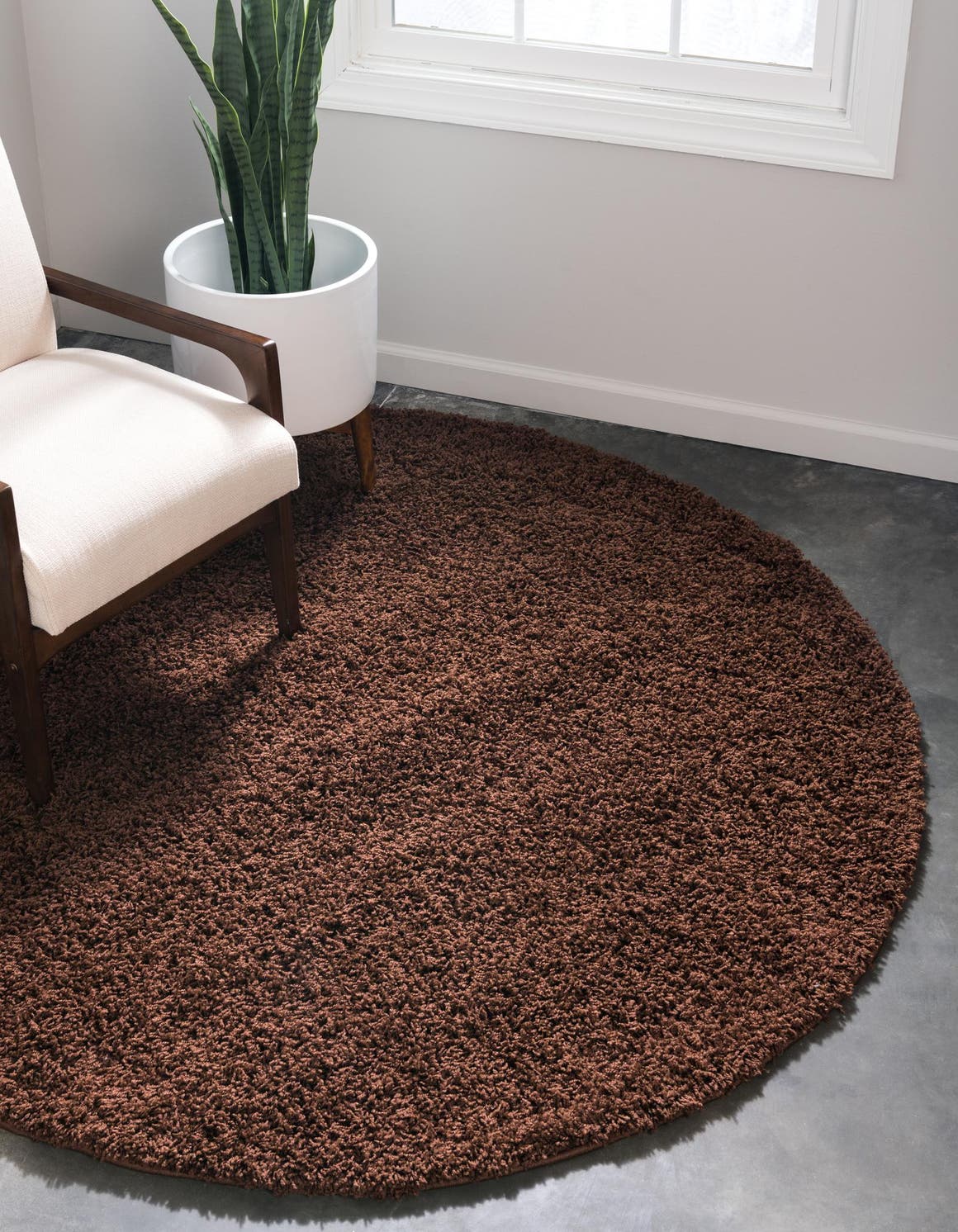 Chocolate Brown 5' 3 x 5' 3 Solid Shag Round Area Rug Thick Soft Touch Fluffy & Plush Shaggy Pile Durable Minimalist Carpet for Classic Interior Design for Sale at Rug Engine