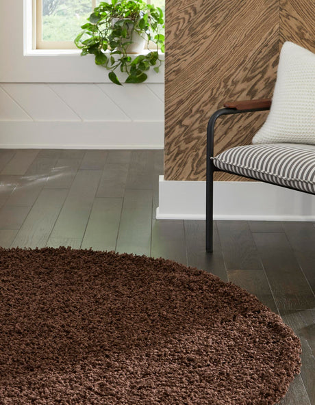 Chocolate Brown 6' 1 x 6' 1 Solid Shag Round Area Rug Thick Soft Touch Fluffy & Plush Shaggy Pile Durable Minimalist Carpet for Classic Interior Design for Sale at Rug Engine