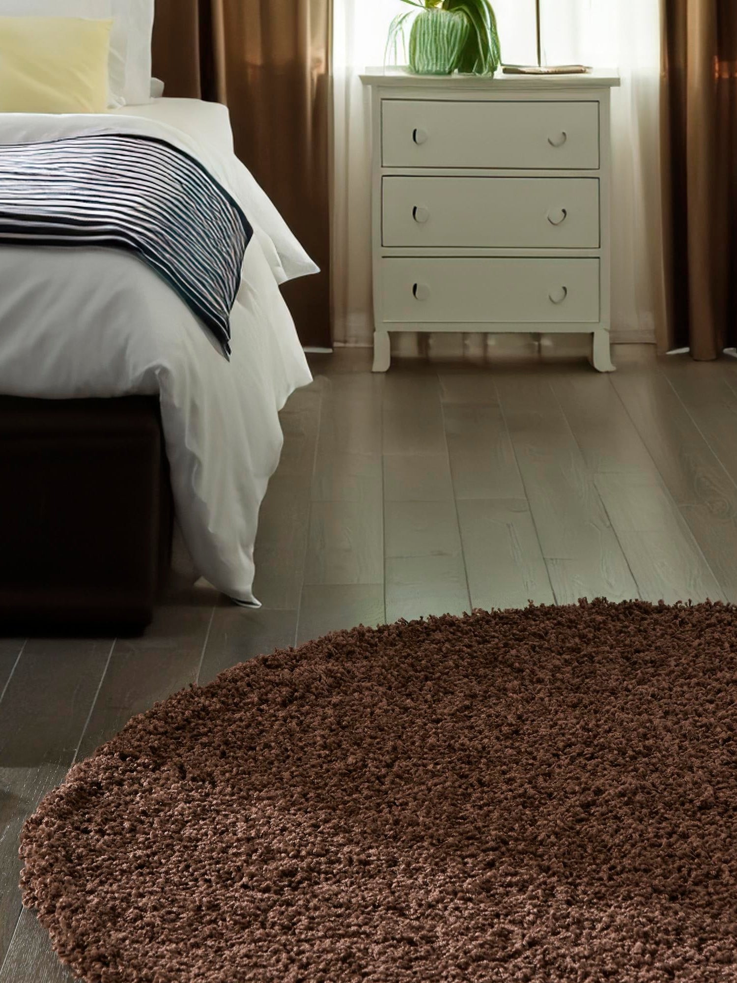 Chocolate Brown 5' 3 x 5' 3 Solid Shag Round Area Rug Thick Soft Touch Fluffy & Plush Shaggy Pile Durable Minimalist Carpet for Classic Interior Design for Sale at Rug Engine