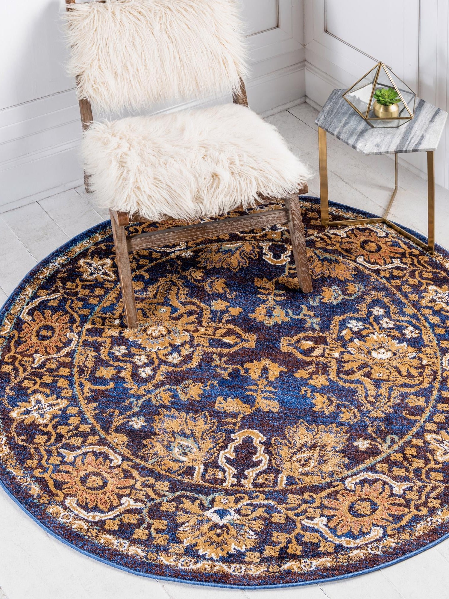 Dark Blue 5' x 5' Augustus Round Area Rug 70% Polypropylene & 30% Polyester With Cotton Backing Easy Clean Home Decor Carpet for Sale at Rug Engine