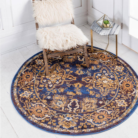Dark Blue 5' x 5' Augustus Round Area Rug 70% Polypropylene & 30% Polyester With Cotton Backing Easy Clean Home Decor Carpet for Sale at Rug Engine