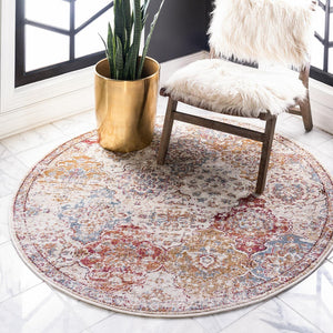 Beige 8' x 8' Augustus Round Area Rug 70% Polypropylene & 30% Polyester With Cotton Backing Easy Clean Home Decor Carpet for Sale at Rug Engine