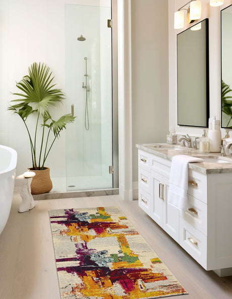 Beige 2' 7 x 10' Estrella Runner Area Rug 100% Polypropylene Non-Shedding Stain Resistant Carpet Colorful Modern Abstract Design Easy Clean for Home Decor for Sale at Rug Engine