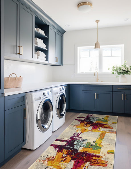 Beige 2' 2 x 6' 9 Estrella Runner Area Rug 100% Polypropylene Non-Shedding Stain Resistant Carpet Colorful Modern Abstract Design Easy Clean for Home Decor for Sale at Rug Engine