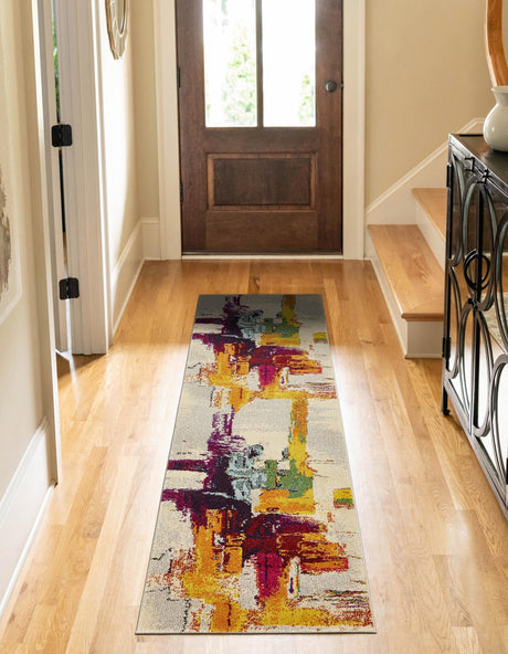 Beige 2' 7 x 10' Estrella Runner Area Rug 100% Polypropylene Non-Shedding Stain Resistant Carpet Colorful Modern Abstract Design Easy Clean for Home Decor for Sale at Rug Engine