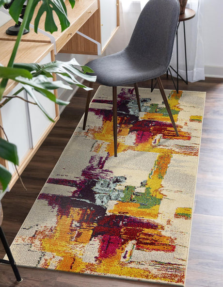 Beige 2' 7 x 10' Estrella Runner Area Rug 100% Polypropylene Non-Shedding Stain Resistant Carpet Colorful Modern Abstract Design Easy Clean for Home Decor for Sale at Rug Engine