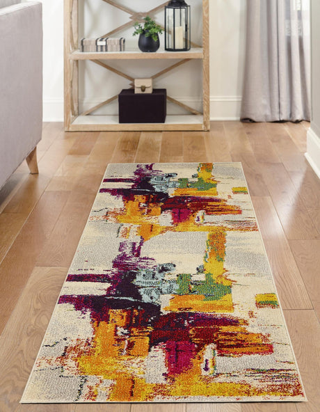 Beige 2' 7 x 10' Estrella Runner Area Rug 100% Polypropylene Non-Shedding Stain Resistant Carpet Colorful Modern Abstract Design Easy Clean for Home Decor for Sale at Rug Engine