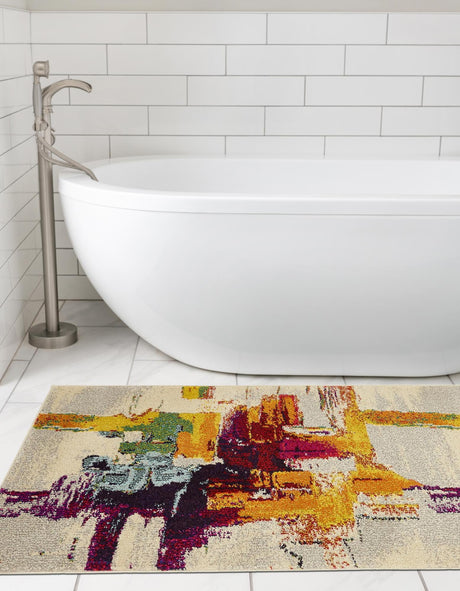 Beige 2' 7 x 10' Estrella Runner Area Rug 100% Polypropylene Non-Shedding Stain Resistant Carpet Colorful Modern Abstract Design Easy Clean for Home Decor for Sale at Rug Engine