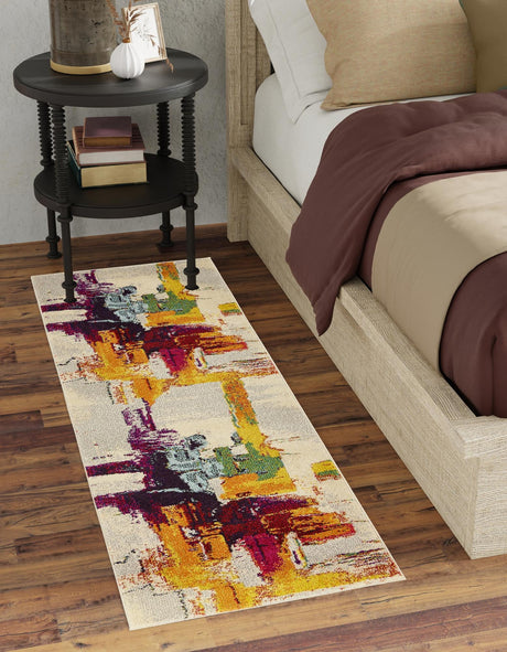 Beige 2' 7 x 10' Estrella Runner Area Rug 100% Polypropylene Non-Shedding Stain Resistant Carpet Colorful Modern Abstract Design Easy Clean for Home Decor for Sale at Rug Engine