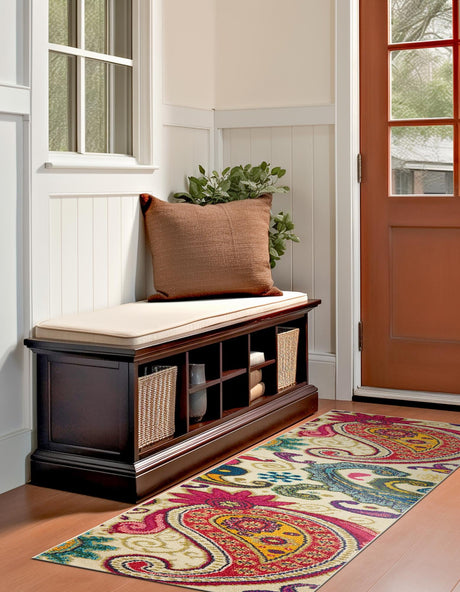 Cream 2' 7 x 10' Estrella Runner Area Rug 100% Polypropylene Non-Shedding Stain Resistant Carpet Colorful Modern Abstract Design Easy Clean for Home Decor for Sale at Rug Engine