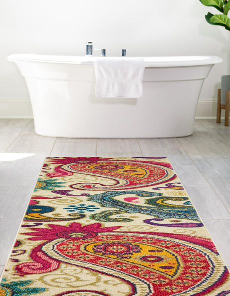 Cream 2' 7 x 10' Estrella Runner Area Rug 100% Polypropylene Non-Shedding Stain Resistant Carpet Colorful Modern Abstract Design Easy Clean for Home Decor for Sale at Rug Engine