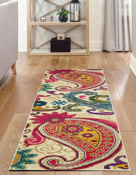 Cream 2' 2 x 6' 9 Estrella Runner Area Rug 100% Polypropylene Non-Shedding Stain Resistant Carpet Colorful Modern Abstract Design Easy Clean for Home Decor for Sale at Rug Engine