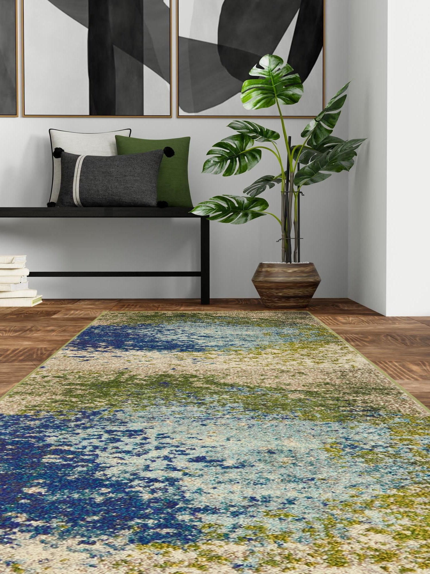 Blue 2' 7 x 12' Estrella Runner Area Rug 100% Polypropylene Non-Shedding Stain Resistant Carpet Colorful Modern Abstract Design Easy Clean for Home Decor for Sale at Rug Engine