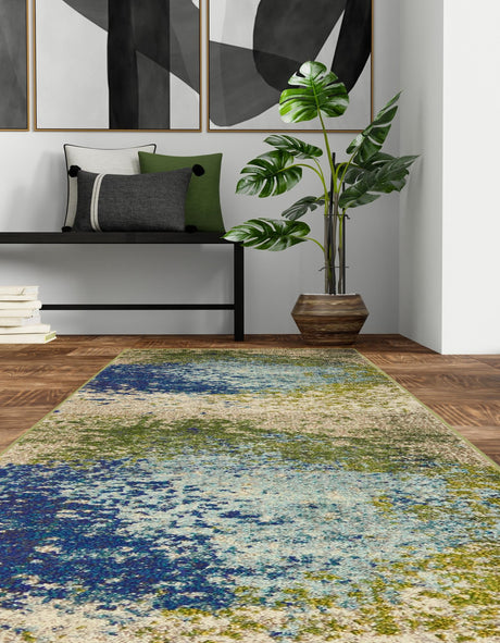 Blue 2' 7 x 12' Estrella Runner Area Rug 100% Polypropylene Non-Shedding Stain Resistant Carpet Colorful Modern Abstract Design Easy Clean for Home Decor for Sale at Rug Engine