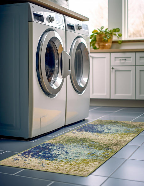 Blue 2' 7 x 10' Estrella Runner Area Rug 100% Polypropylene Non-Shedding Stain Resistant Carpet Colorful Modern Abstract Design Easy Clean for Home Decor for Sale at Rug Engine