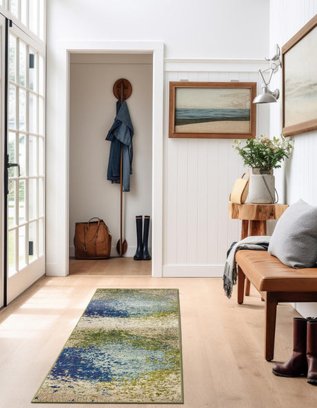 Blue 2' 7 x 12' Estrella Runner Area Rug 100% Polypropylene Non-Shedding Stain Resistant Carpet Colorful Modern Abstract Design Easy Clean for Home Decor for Sale at Rug Engine