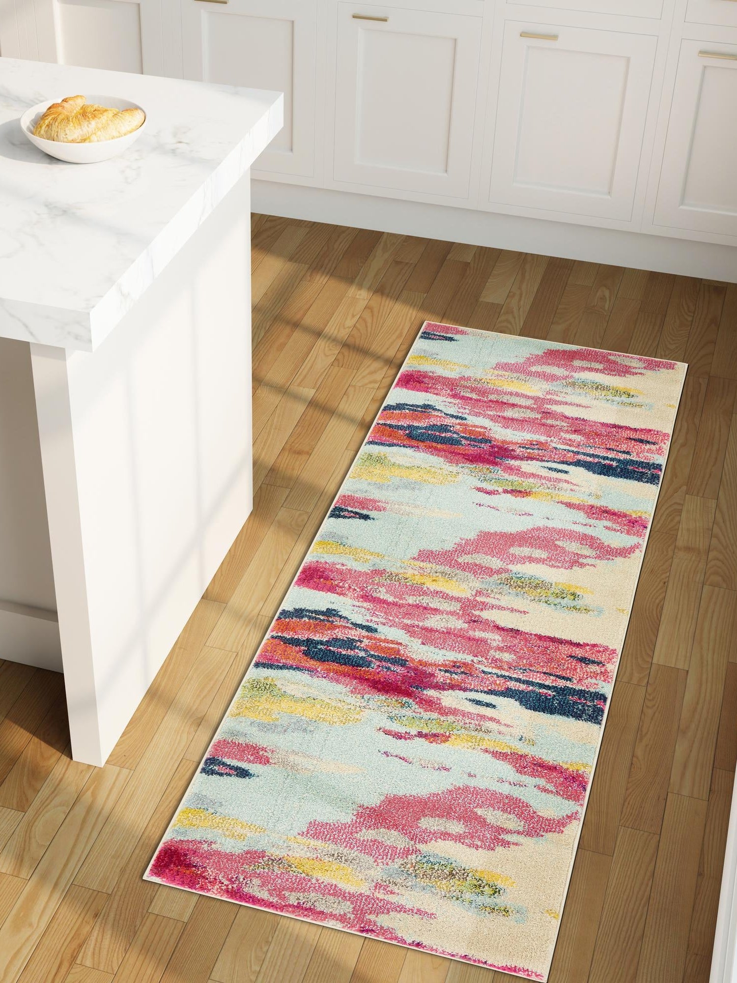 Pink 2' 7 x 12' Estrella Runner Area Rug 100% Polypropylene Non-Shedding Stain Resistant Carpet Colorful Modern Abstract Design Easy Clean for Home Decor for Sale at Rug Engine