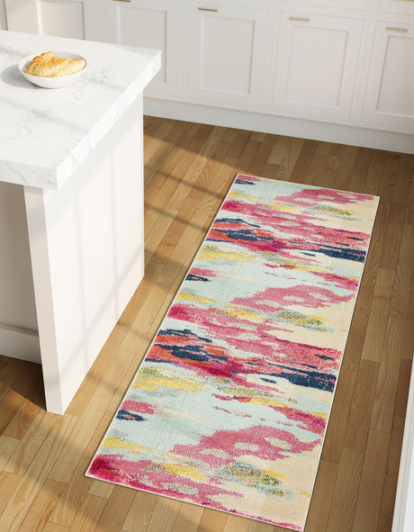 Pink 2' 7 x 12' Estrella Runner Area Rug 100% Polypropylene Non-Shedding Stain Resistant Carpet Colorful Modern Abstract Design Easy Clean for Home Decor for Sale at Rug Engine