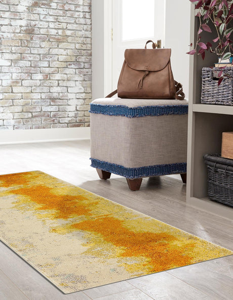 Yellow 2' 7 x 10' Estrella Runner Area Rug 100% Polypropylene Non-Shedding Stain Resistant Carpet Colorful Modern Abstract Design Easy Clean for Home Decor for Sale at Rug Engine