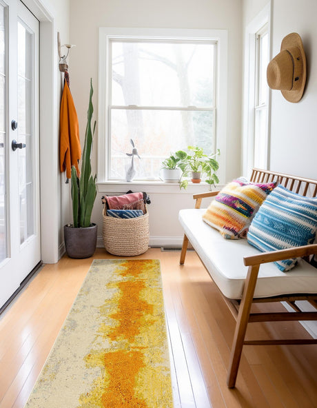 Yellow 2' 7 x 10' Estrella Runner Area Rug 100% Polypropylene Non-Shedding Stain Resistant Carpet Colorful Modern Abstract Design Easy Clean for Home Decor for Sale at Rug Engine