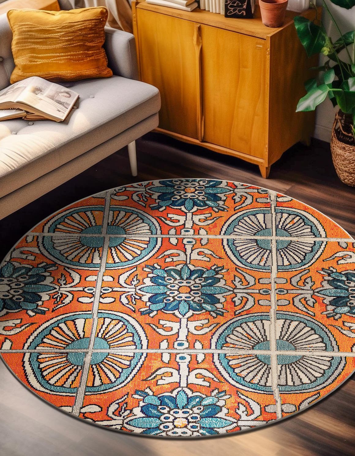Orange 8' x 8' Estrella Round Area Rug 100% Polypropylene Non-Shedding Stain Resistant Carpet Colorful Modern Abstract Design Easy Clean for Home Decor for Sale at Rug Engine