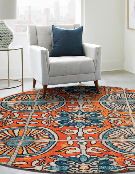 Orange 6' 1 x 6' 1 Estrella Round Area Rug 100% Polypropylene Non-Shedding Stain Resistant Carpet Colorful Modern Abstract Design Easy Clean for Home Decor for Sale at Rug Engine