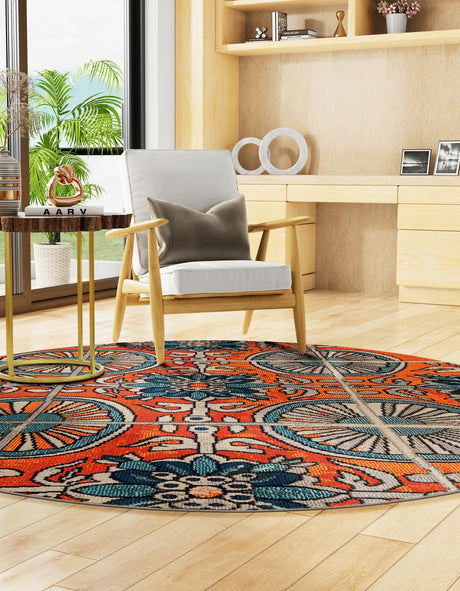 Orange 6' 1 x 6' 1 Estrella Round Area Rug 100% Polypropylene Non-Shedding Stain Resistant Carpet Colorful Modern Abstract Design Easy Clean for Home Decor for Sale at Rug Engine