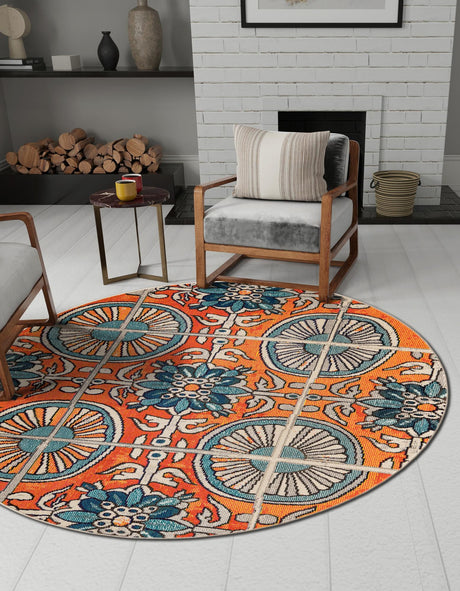 Orange 6' 1 x 6' 1 Estrella Round Area Rug 100% Polypropylene Non-Shedding Stain Resistant Carpet Colorful Modern Abstract Design Easy Clean for Home Decor for Sale at Rug Engine