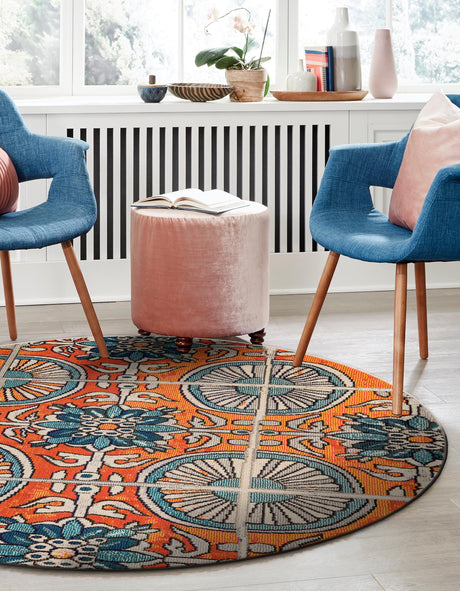 Orange 8' x 8' Estrella Round Area Rug 100% Polypropylene Non-Shedding Stain Resistant Carpet Colorful Modern Abstract Design Easy Clean for Home Decor for Sale at Rug Engine