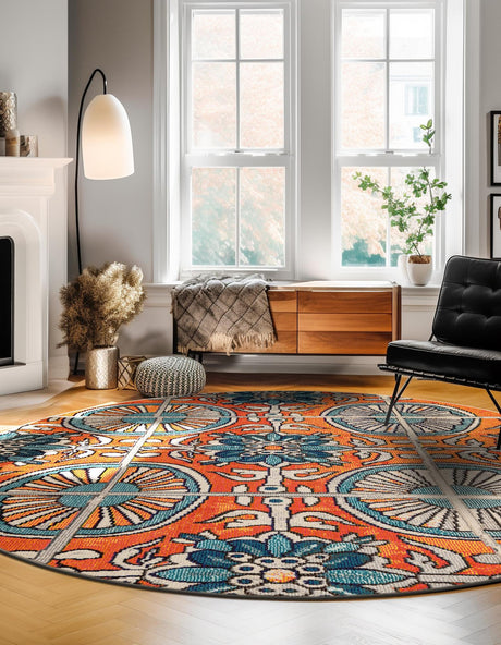 Orange 8' x 8' Estrella Round Area Rug 100% Polypropylene Non-Shedding Stain Resistant Carpet Colorful Modern Abstract Design Easy Clean for Home Decor for Sale at Rug Engine