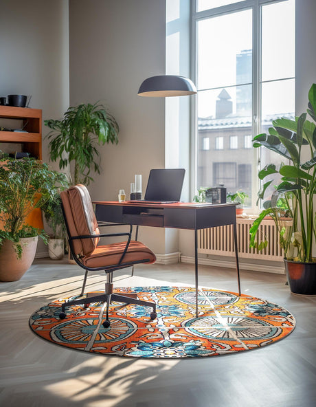 Orange 8' x 8' Estrella Round Area Rug 100% Polypropylene Non-Shedding Stain Resistant Carpet Colorful Modern Abstract Design Easy Clean for Home Decor for Sale at Rug Engine