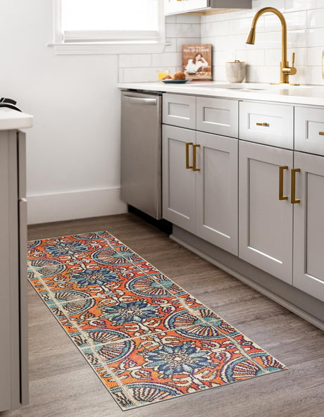 Orange 2' 7 x 10' Estrella Runner Area Rug 100% Polypropylene Non-Shedding Stain Resistant Carpet Colorful Modern Abstract Design Easy Clean for Home Decor for Sale at Rug Engine