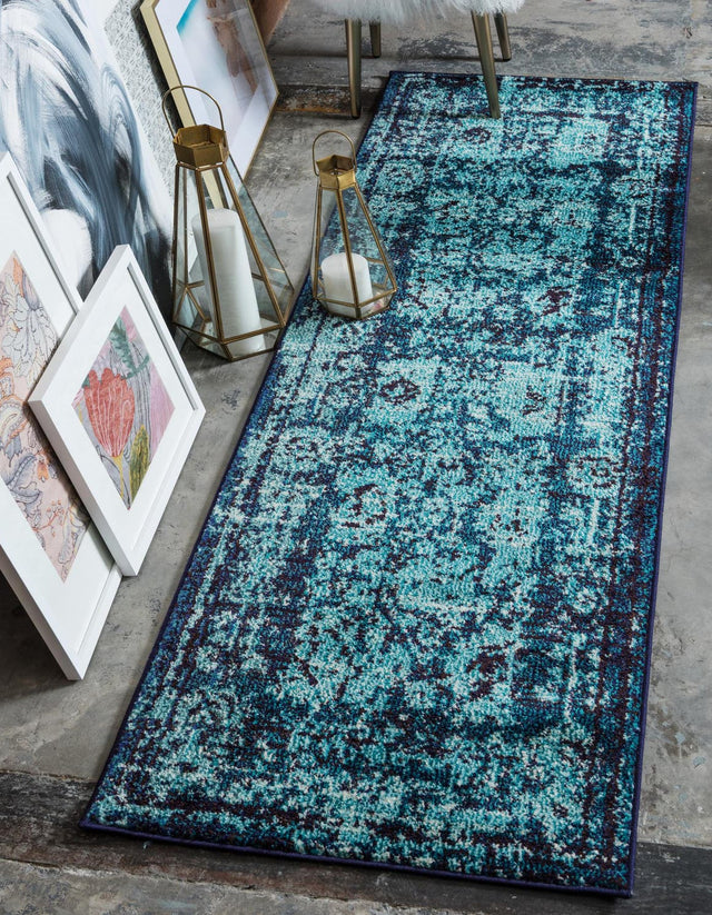 Blue 2' 7 x 10' Medici Runner Area Rug 100% Polypropylene Traditional Vintage Classic Carpet for Home Interior Design Decor for Sale at Rug Engine