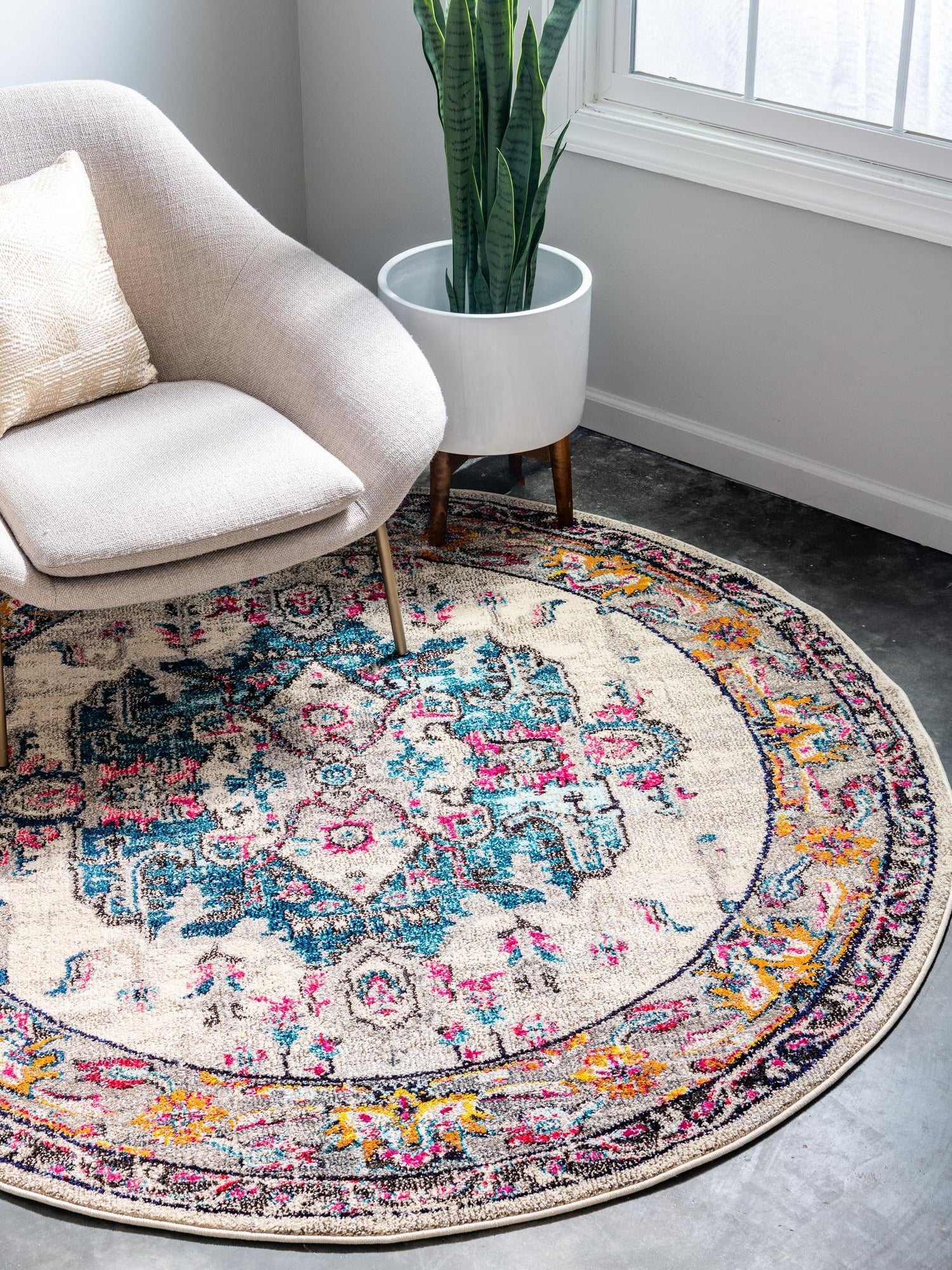 Beige 6' 1 x 6' 1 Medici Round Area Rug 100% Polypropylene Traditional Vintage Classic Carpet for Home Interior Design Decor for Sale at Rug Engine