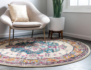 Beige 6' 1 x 6' 1 Medici Round Area Rug 100% Polypropylene Traditional Vintage Classic Carpet for Home Interior Design Decor for Sale at Rug Engine