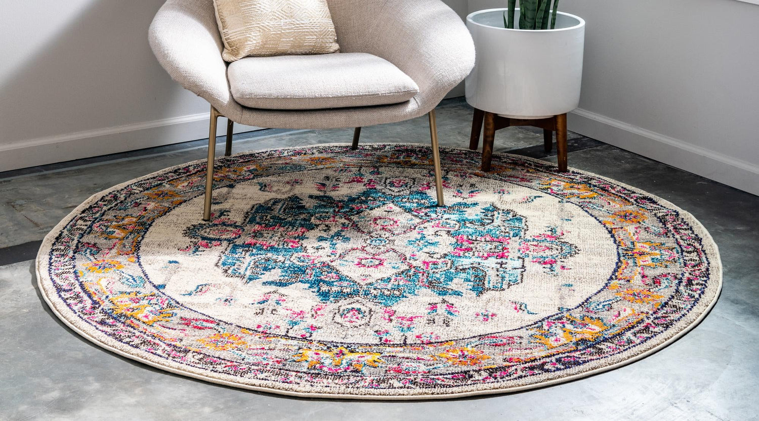 Beige 6' 1 x 6' 1 Medici Round Area Rug 100% Polypropylene Traditional Vintage Classic Carpet for Home Interior Design Decor for Sale at Rug Engine