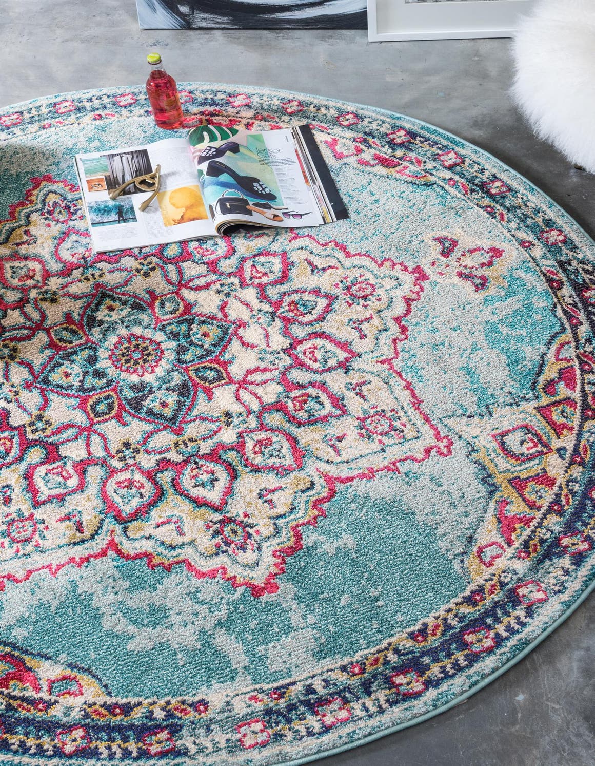 Light Blue 6' 1 x 6' 1 Medici Round Area Rug 100% Polypropylene Traditional Vintage Classic Carpet for Home Interior Design Decor for Sale at Rug Engine