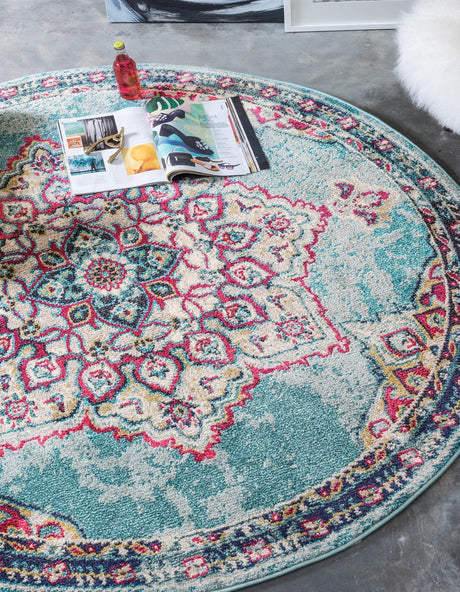 Light Blue 6' 1 x 6' 1 Medici Round Area Rug 100% Polypropylene Traditional Vintage Classic Carpet for Home Interior Design Decor for Sale at Rug Engine