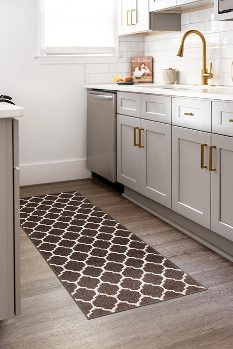 Chocolate Brown 2' 7 x 10' Trellis Runner Area Rug Geometric Modern Unique Durable Easy Clean Carpet for Contemporary Interior Design for Sale at Rug Engine