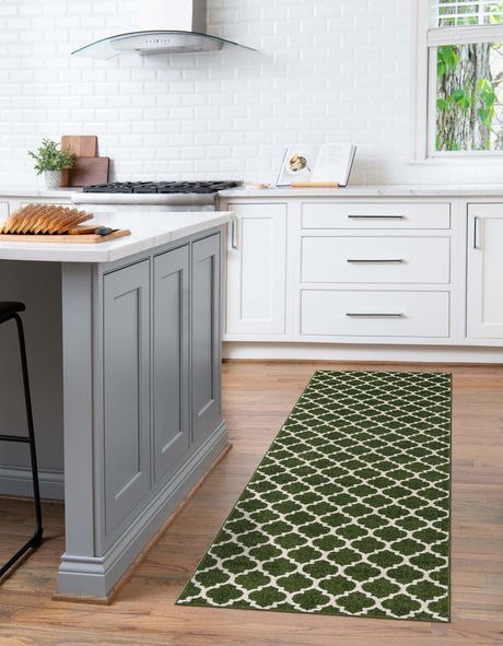 Dark Green 2' 7 x 10' Trellis Runner Area Rug Geometric Modern Unique Durable Easy Clean Carpet for Contemporary Interior Design for Sale at Rug Engine