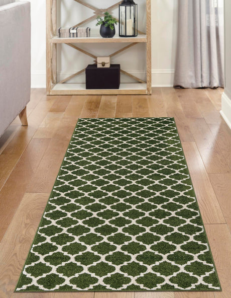 Dark Green 2' 7 x 10' Trellis Runner Area Rug Geometric Modern Unique Durable Easy Clean Carpet for Contemporary Interior Design for Sale at Rug Engine