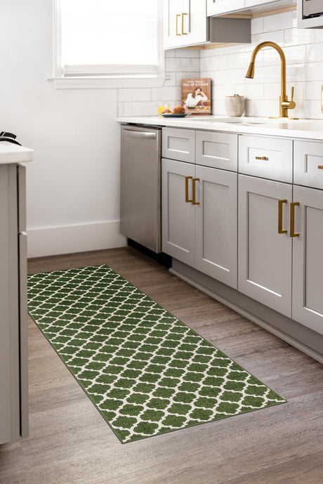 Dark Green 2' 7 x 10' Trellis Runner Area Rug Geometric Modern Unique Durable Easy Clean Carpet for Contemporary Interior Design for Sale at Rug Engine