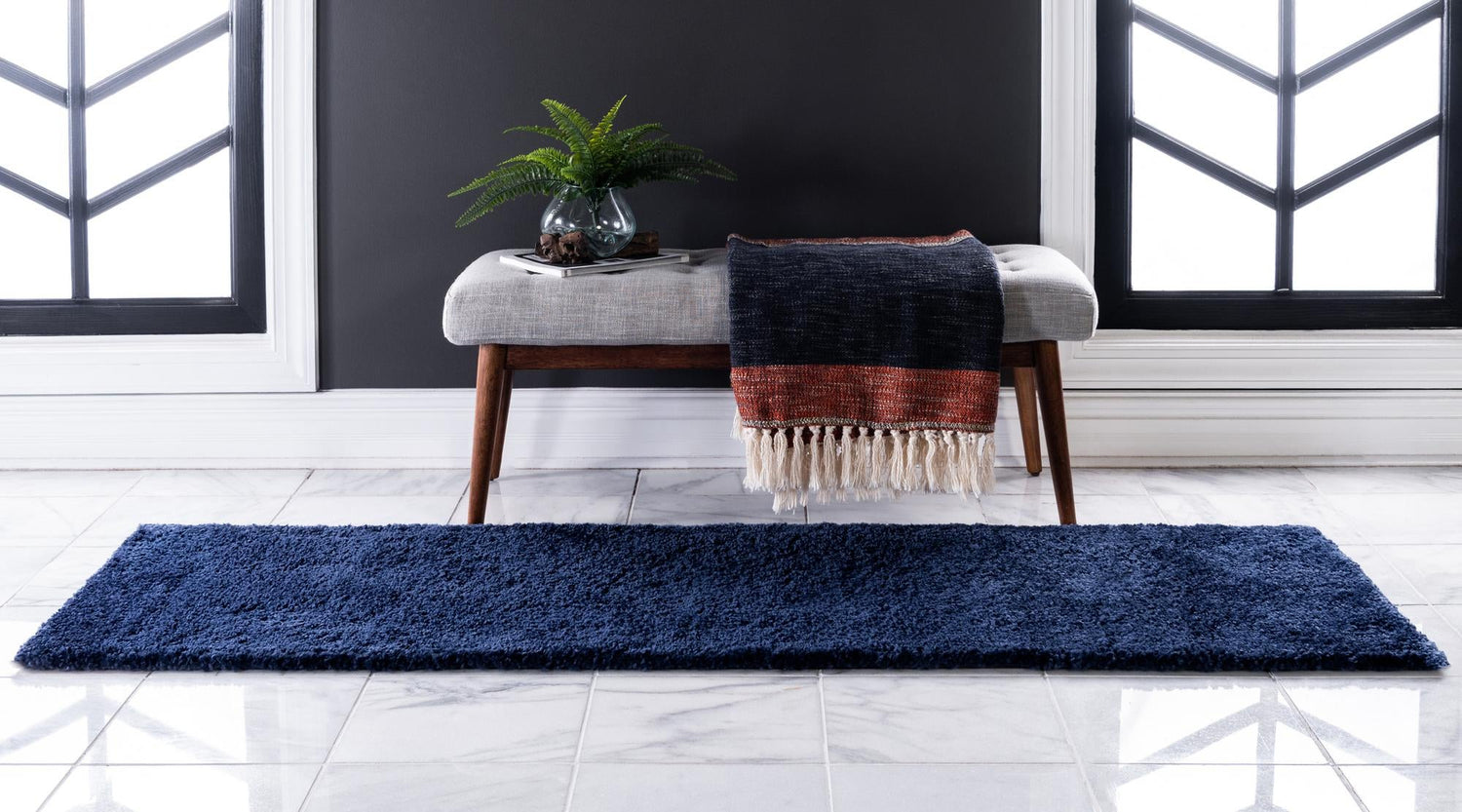 Navy Blue 2' 7 x 12' Solo Runner Area Rug Thick Soft Touch Fluffy & Plush Shaggy Pile Durable Minimalist Carpet for Classic Interior Design for Sale at Rug Engine