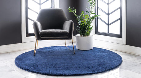 Navy Blue 4' 1 x 4' 1 Solo Round Area Rug Thick Soft Touch Fluffy & Plush Shaggy Pile Durable Minimalist Carpet for Classic Interior Design for Sale at Rug Engine