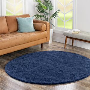 Navy Blue 3' 3 x 3' 3 Solo Round Area Rug Thick Soft Touch Fluffy & Plush Shaggy Pile