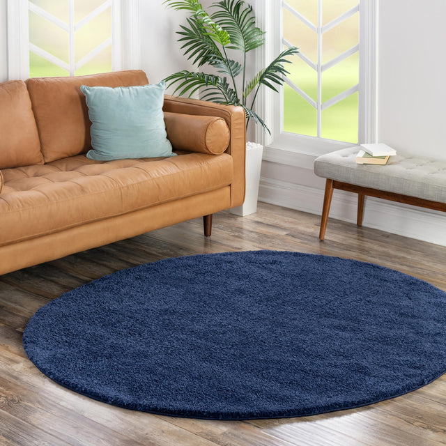 Navy Blue 3' 3 x 3' 3 Solo Round Area Rug Thick Soft Touch Fluffy & Plush Shaggy Pile