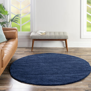 Navy Blue 3' 3 x 3' 3 Solo Round Area Rug Thick Soft Touch Fluffy & Plush Shaggy Pile